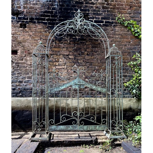 356 - ARCHITECTURAL GARDEN GATE, Regency style, wrought metal in a verdigris finish, 250cm H x 185cm W x 3... 