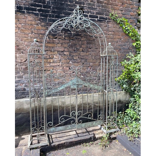 356 - ARCHITECTURAL GARDEN GATE, Regency style, wrought metal in a verdigris finish, 250cm H x 185cm W x 3... 