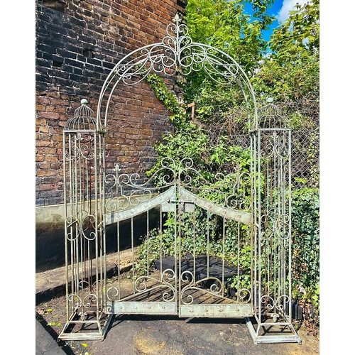 356 - ARCHITECTURAL GARDEN GATE, Regency style, wrought metal in a verdigris finish, 250cm H x 185cm W x 3... 