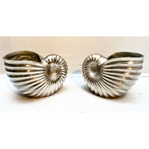 357 - WINE COOLERS, a pair, in the form of sea shells, polished metal, 18cm H x 26cm W x 17cm D. (2)