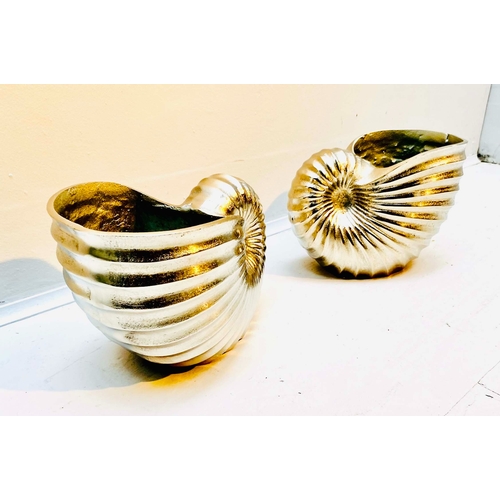 357 - WINE COOLERS, a pair, in the form of sea shells, polished metal, 18cm H x 26cm W x 17cm D. (2)