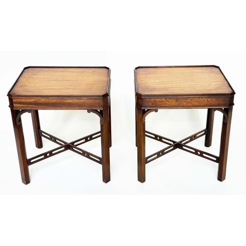 216 - LAMP TABLES, a pair, George III design mahogany each with canted corners and pierced 'X' stretchers,... 