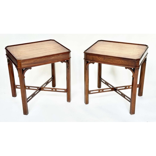 216 - LAMP TABLES, a pair, George III design mahogany each with canted corners and pierced 'X' stretchers,... 