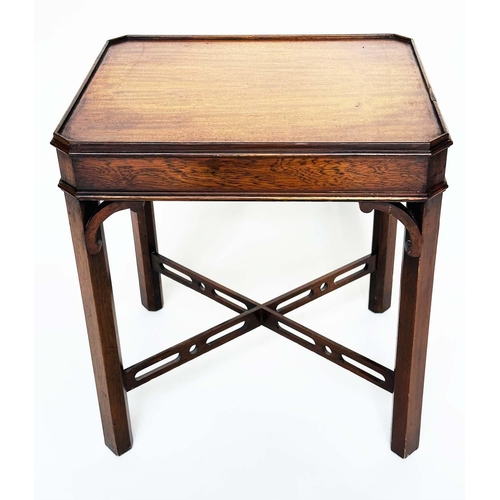 216 - LAMP TABLES, a pair, George III design mahogany each with canted corners and pierced 'X' stretchers,... 