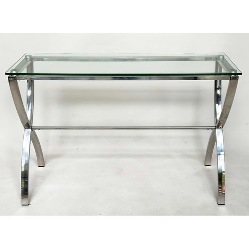 217 - CONSOLE TABLE, with plate glass above 'X' frame chromium plated frame, 120cm W x 40cm D x 80cm H.