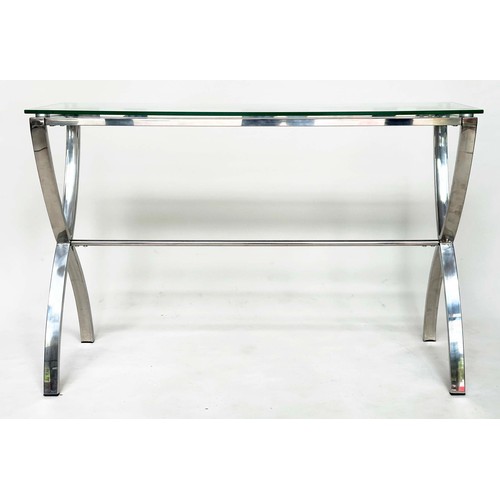 217 - CONSOLE TABLE, with plate glass above 'X' frame chromium plated frame, 120cm W x 40cm D x 80cm H.