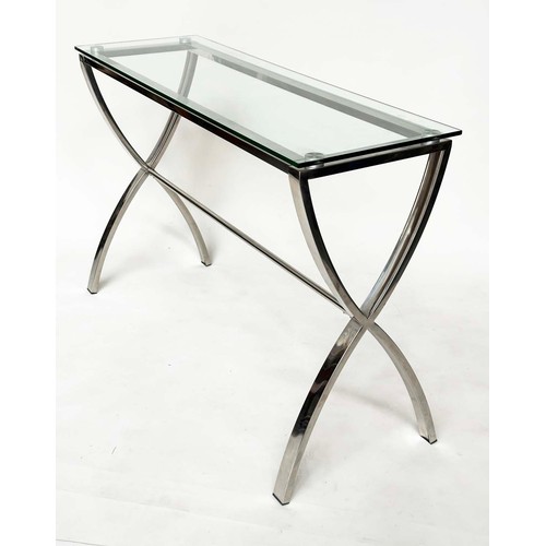 217 - CONSOLE TABLE, with plate glass above 'X' frame chromium plated frame, 120cm W x 40cm D x 80cm H.