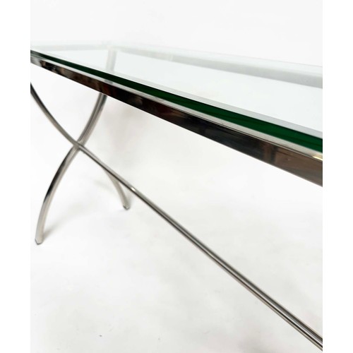 217 - CONSOLE TABLE, with plate glass above 'X' frame chromium plated frame, 120cm W x 40cm D x 80cm H.