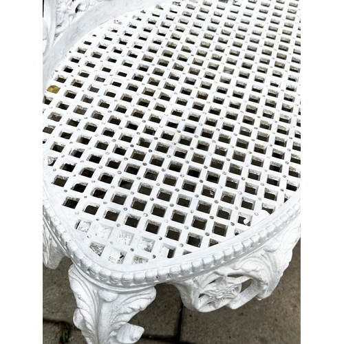 209 - GARDEN BENCH, Victorian style white painted cast aluminium with all over pierced decoration, 136cm W... 