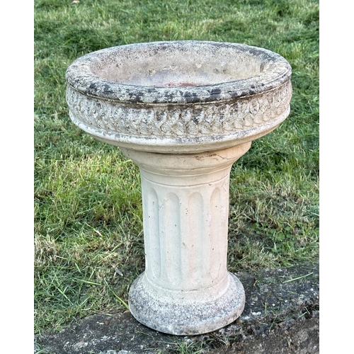 210 - GARDEN STAND, weathered reconstituted stone circular with carved edge on fluted column support, 49cm... 