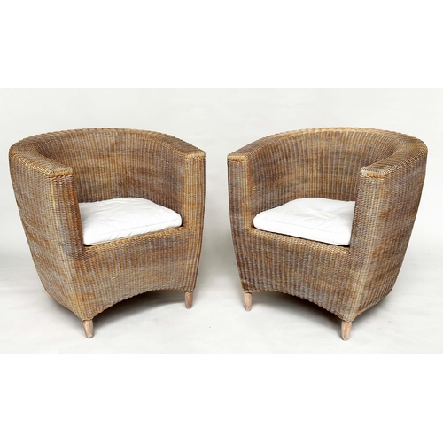 211 - HEALS CONSERVATORY ARMCHAIRS, a pair, rattan framed and cane woven panelled with rounded backs and c... 