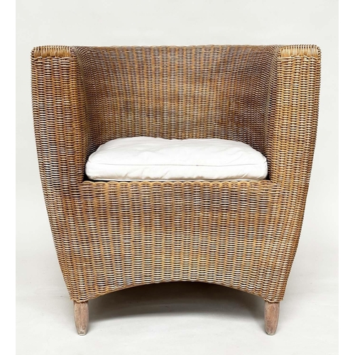 211 - HEALS CONSERVATORY ARMCHAIRS, a pair, rattan framed and cane woven panelled with rounded backs and c... 