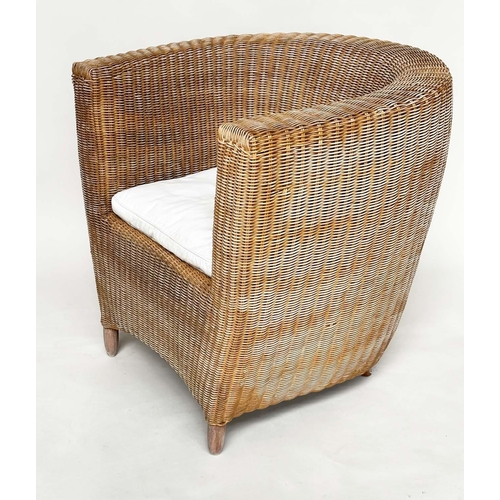 211 - HEALS CONSERVATORY ARMCHAIRS, a pair, rattan framed and cane woven panelled with rounded backs and c... 