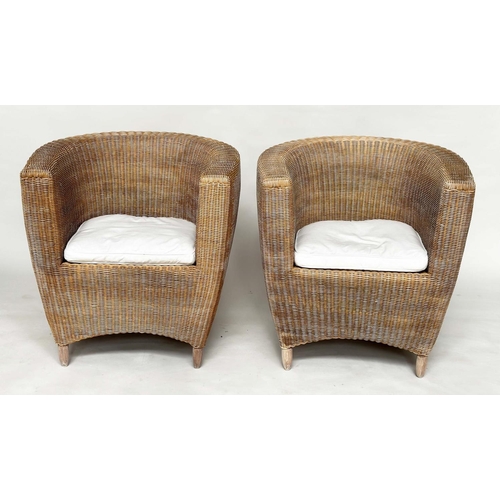 211 - HEALS CONSERVATORY ARMCHAIRS, a pair, rattan framed and cane woven panelled with rounded backs and c... 