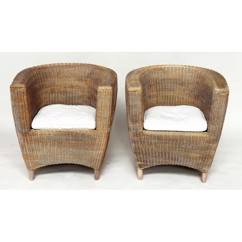 211 - HEALS CONSERVATORY ARMCHAIRS, a pair, rattan framed and cane woven panelled with rounded backs and c... 