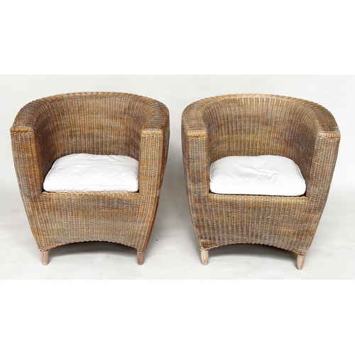 211 - HEALS CONSERVATORY ARMCHAIRS, a pair, rattan framed and cane woven panelled with rounded backs and c... 