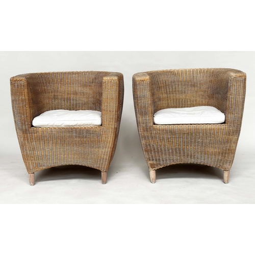 211 - HEALS CONSERVATORY ARMCHAIRS, a pair, rattan framed and cane woven panelled with rounded backs and c... 