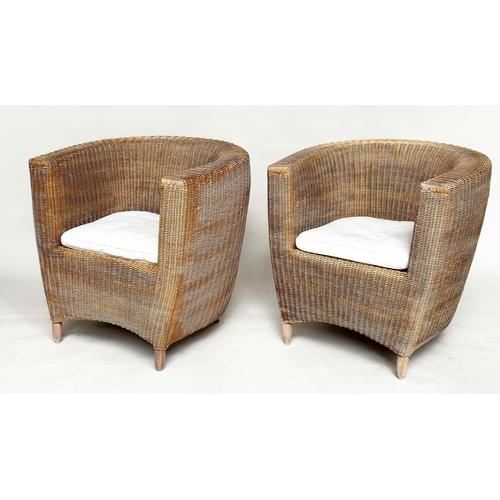 211 - HEALS CONSERVATORY ARMCHAIRS, a pair, rattan framed and cane woven panelled with rounded backs and c... 