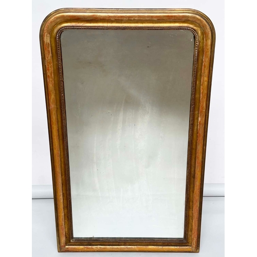 202 - WALL MIRROR, 19th century French giltwood and gesso, arched rectangular with incised and beaded fram... 