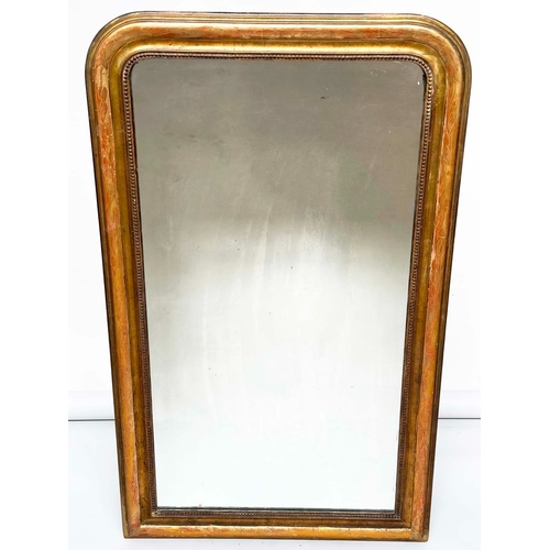 202 - WALL MIRROR, 19th century French giltwood and gesso, arched rectangular with incised and beaded fram... 