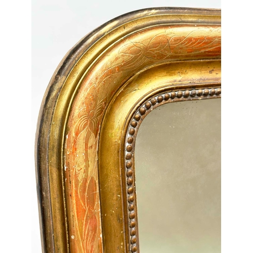 202 - WALL MIRROR, 19th century French giltwood and gesso, arched rectangular with incised and beaded fram... 