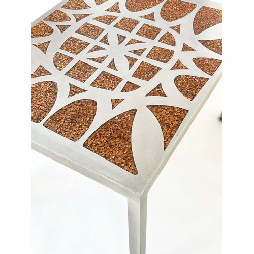 203 - LOW TABLE, bespoke stainless steel mosaic, on square supports, 70cm x 55cm x 43cm H.