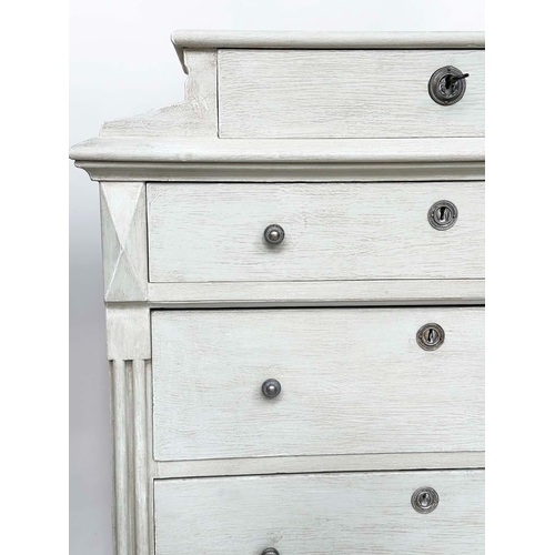 197 - TALL CHEST, 19th century French Napoleon III grey painted with shaped top and six drawers, 142cm H x... 