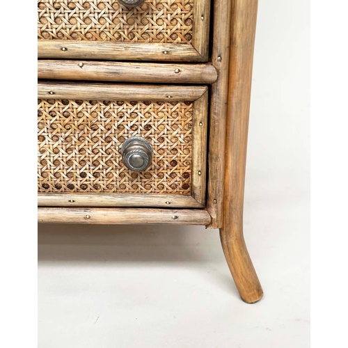 196 - BAMBOO TALL CHEST, rattan framed and cane panelled with six drawers and gallery, 110cm x 45cm D x 46... 