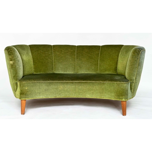 DANISH SOFA, 1970s Danish bow back moss green upholstery and tapering supports, 176cm W.