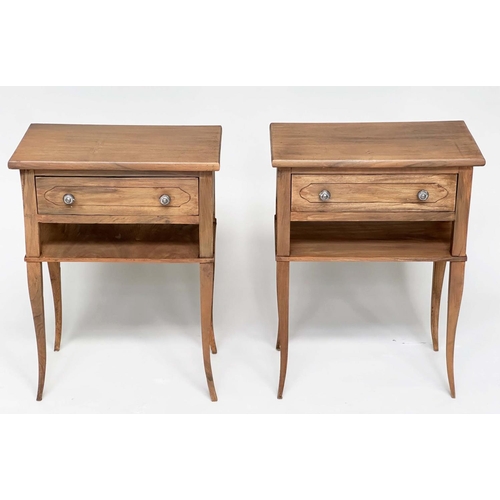 100 - LAMP TABLES, a pair, French Louis XV style walnut, each with drawer and undertier on splay shaped su... 