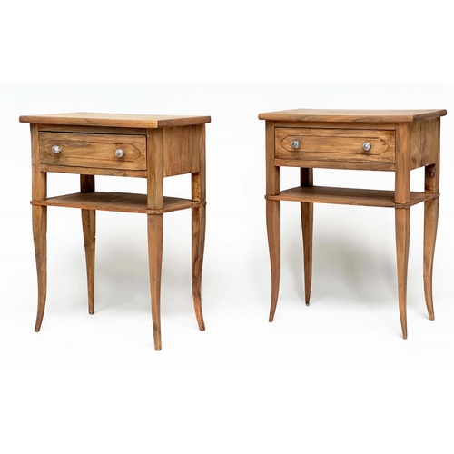 100 - LAMP TABLES, a pair, French Louis XV style walnut, each with drawer and undertier on splay shaped su... 