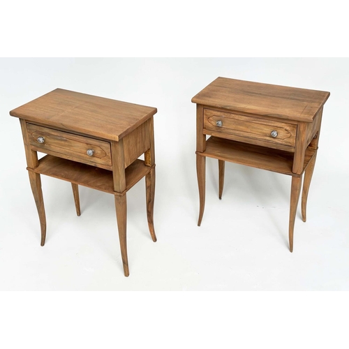 100 - LAMP TABLES, a pair, French Louis XV style walnut, each with drawer and undertier on splay shaped su... 