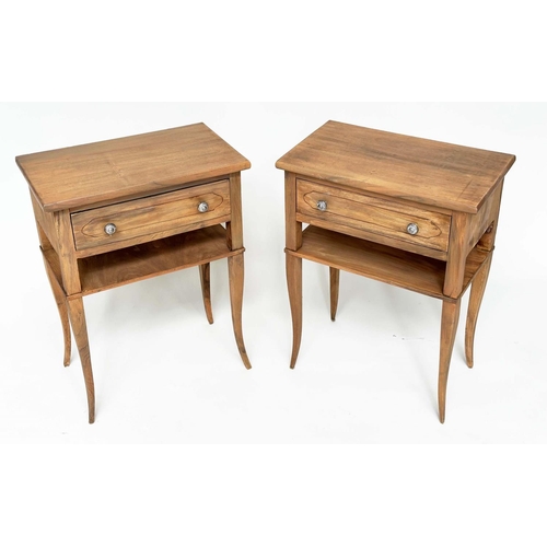 100 - LAMP TABLES, a pair, French Louis XV style walnut, each with drawer and undertier on splay shaped su... 