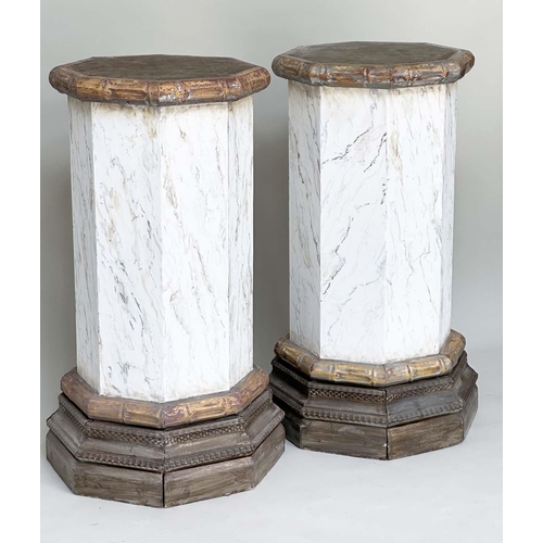102 - FAUX MARBLE COLUMNS/PLINTHS, a pair, Regency style octagonal faux marble with faux bamboo moulding a... 