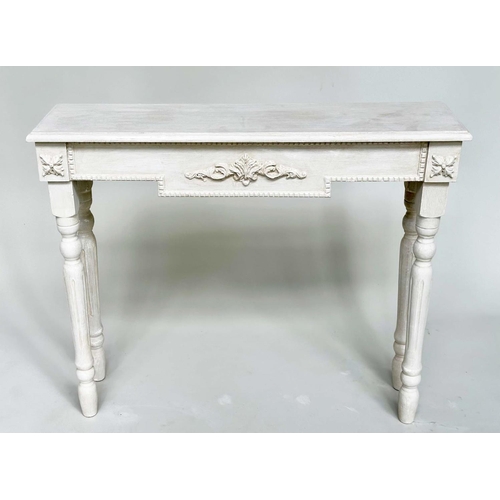 104 - CONSOLE TABLE, French Louis XVI style rectangular grey painted, indented front and fluted tapering s... 