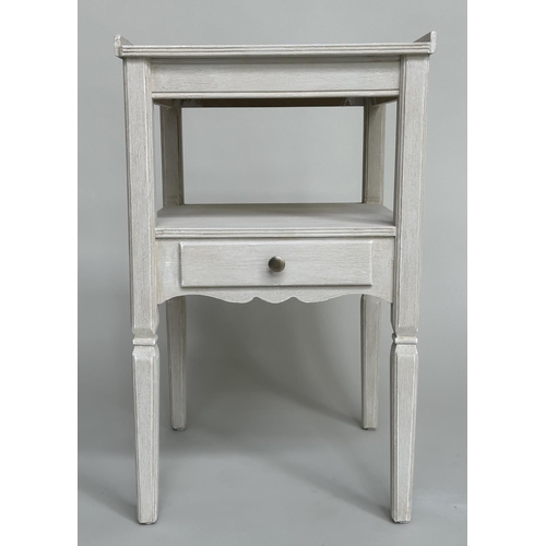 106 - BEDSIDE/LAMP TABLES, a pair, French style traditionally grey painted each with two tiers and drawers... 