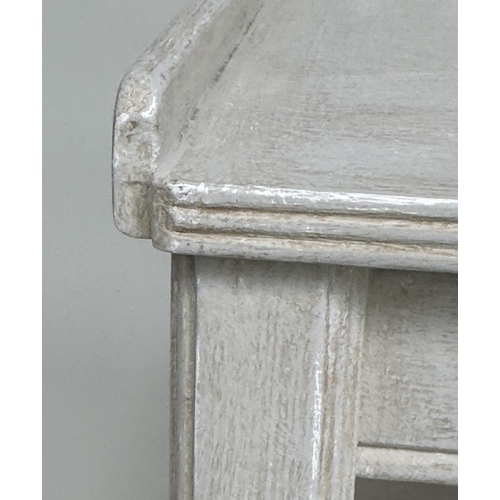 106 - BEDSIDE/LAMP TABLES, a pair, French style traditionally grey painted each with two tiers and drawers... 
