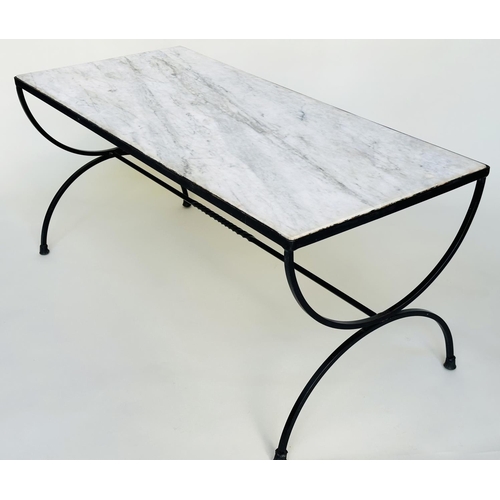 108 - LOW TABLE, 1970s style rectangular Carrara marble on 'X' frame iron supports, 116cm W x 54cm D x 54c... 
