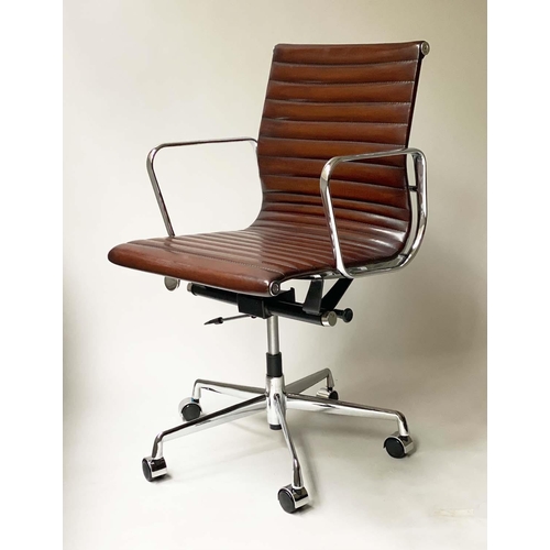 110 - REVOLVING DESK CHAIR, Charles and Ray Eames inspired with ribbed soft tan brown leather seat revolvi... 