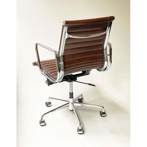 110 - REVOLVING DESK CHAIR, Charles and Ray Eames inspired with ribbed soft tan brown leather seat revolvi... 