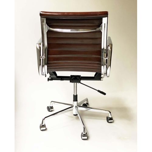 110 - REVOLVING DESK CHAIR, Charles and Ray Eames inspired with ribbed soft tan brown leather seat revolvi... 