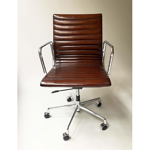 110 - REVOLVING DESK CHAIR, Charles and Ray Eames inspired with ribbed soft tan brown leather seat revolvi... 