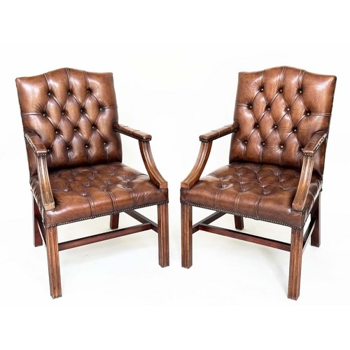 113 - GAINSBOROUGH ARMCHAIRS, a pair, George III design mahogany with deep buttoned soft antique tan leath... 