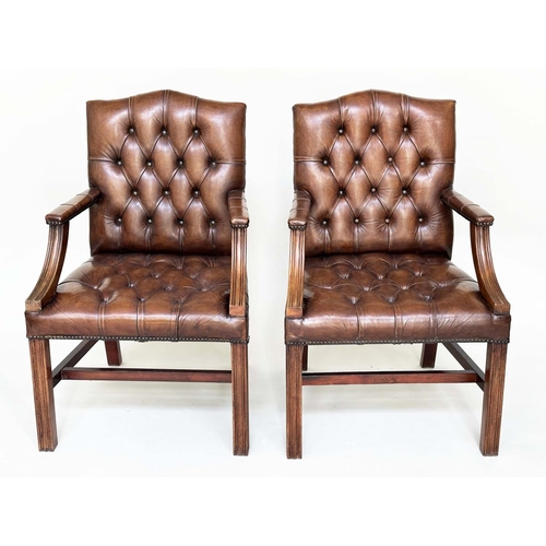 113 - GAINSBOROUGH ARMCHAIRS, a pair, George III design mahogany with deep buttoned soft antique tan leath... 