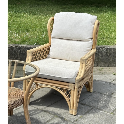 117 - ORANGERY STYLE ARMCHAIRS, a pair, vintage wingback rattan and cane bound with lattice sides and seat... 