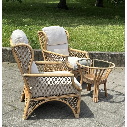 117 - ORANGERY STYLE ARMCHAIRS, a pair, vintage wingback rattan and cane bound with lattice sides and seat... 