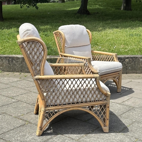 117 - ORANGERY STYLE ARMCHAIRS, a pair, vintage wingback rattan and cane bound with lattice sides and seat... 