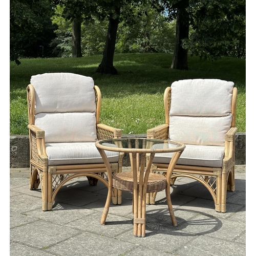 117 - ORANGERY STYLE ARMCHAIRS, a pair, vintage wingback rattan and cane bound with lattice sides and seat... 