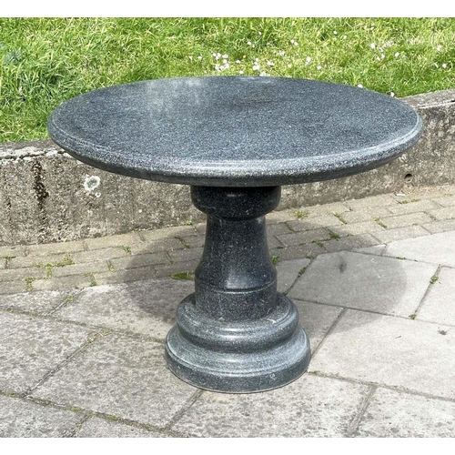 118 - GARDEN CENTRE TABLE, vintage weathered granite with column and plinth (in three sections), 91cm W x ... 