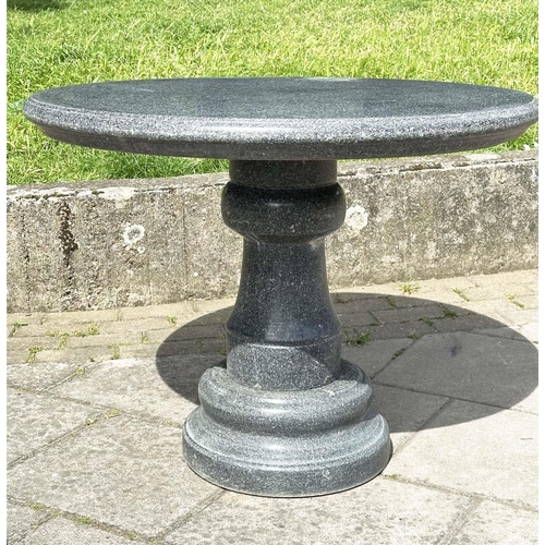 118 - GARDEN CENTRE TABLE, vintage weathered granite with column and plinth (in three sections), 91cm W x ... 